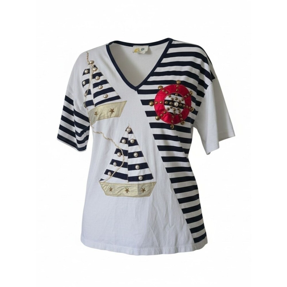 Nautical Stripe Embellished V-Neck Top - White & Navy M/L